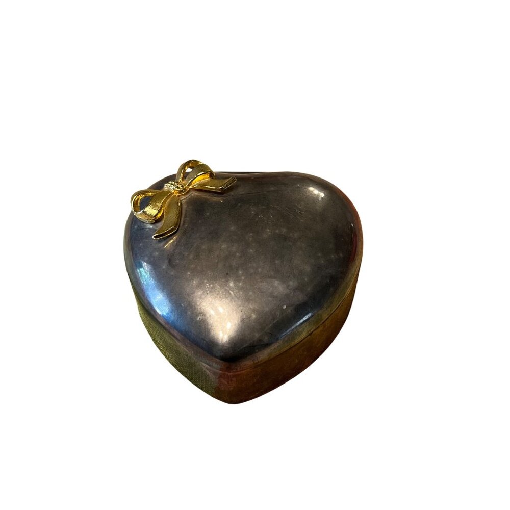 Heart-Shaped Vintage Silver plated Trinket Box W/ Gold Bow Accent Red Velvet Lin